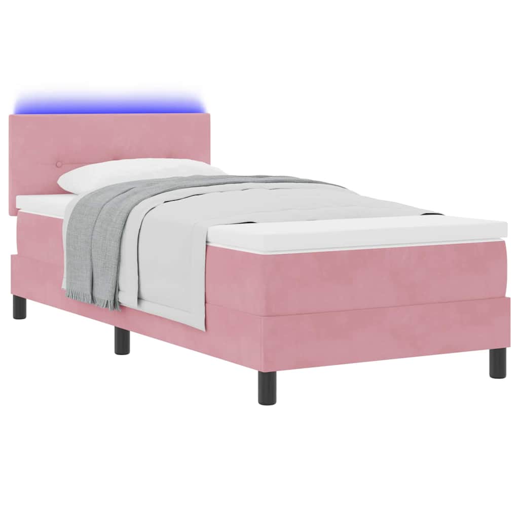 LED Box Spring Bed med hovedgærde Lyserød 90 x 200 cm Fløjl