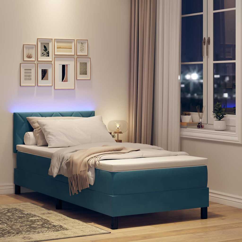 LED Box Spring Bed med hovedgærde Mørk blå 90 x 190 cm Fløjl