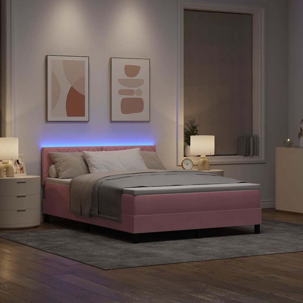 LED Box Spring Bed med hovedgærde Lyserød 140 x 200 cm Fløjl