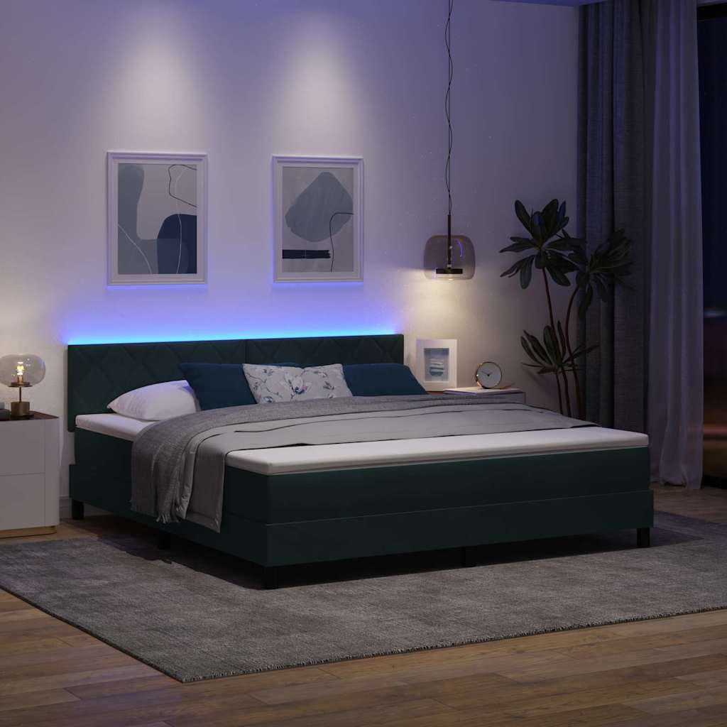 LED Box Spring Bed med hovedgærde Mørkegrøn 180 x 200 cm Fløjl