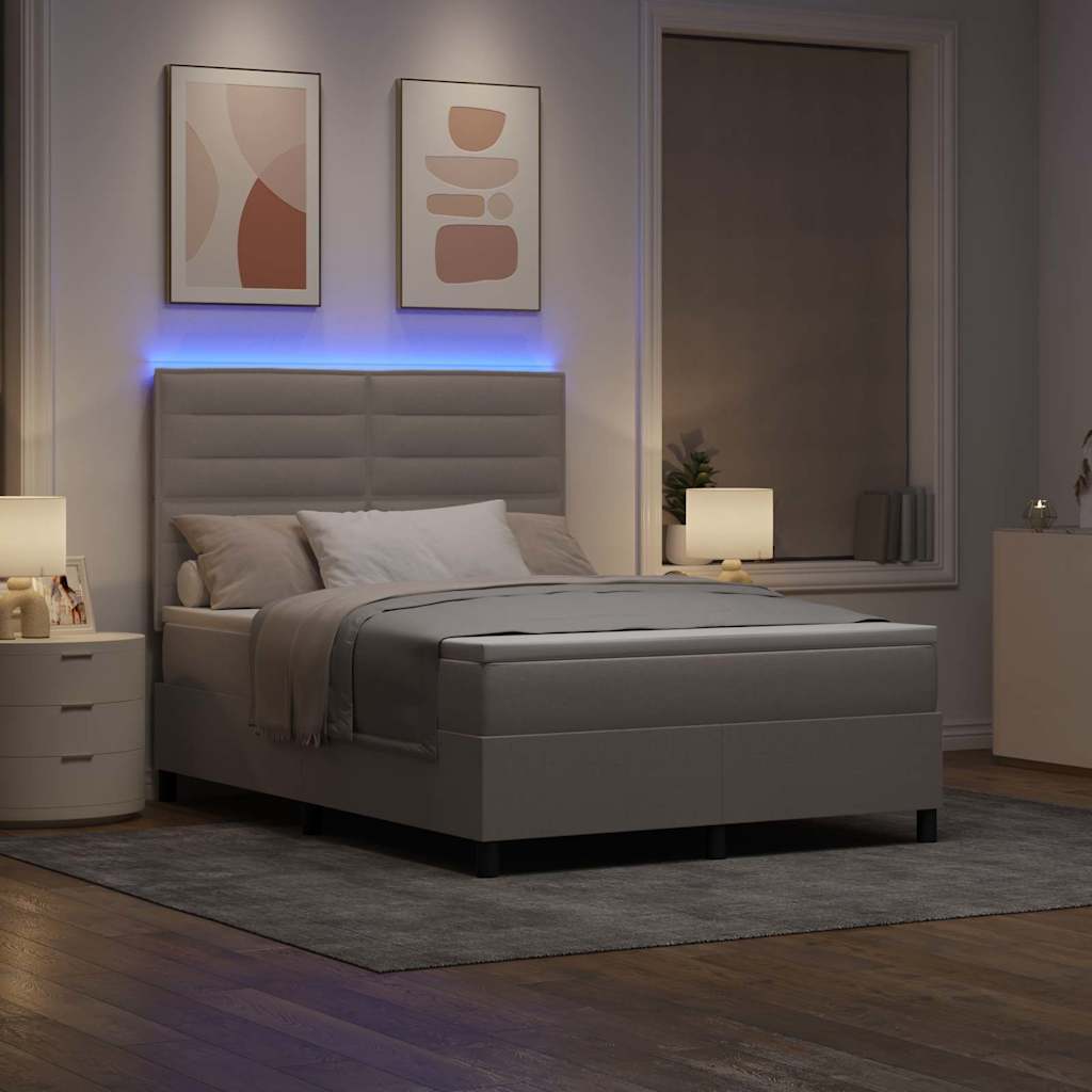 Box spring seng med LED-lysstrimler Gråbrun 140 x 200 cm Stof