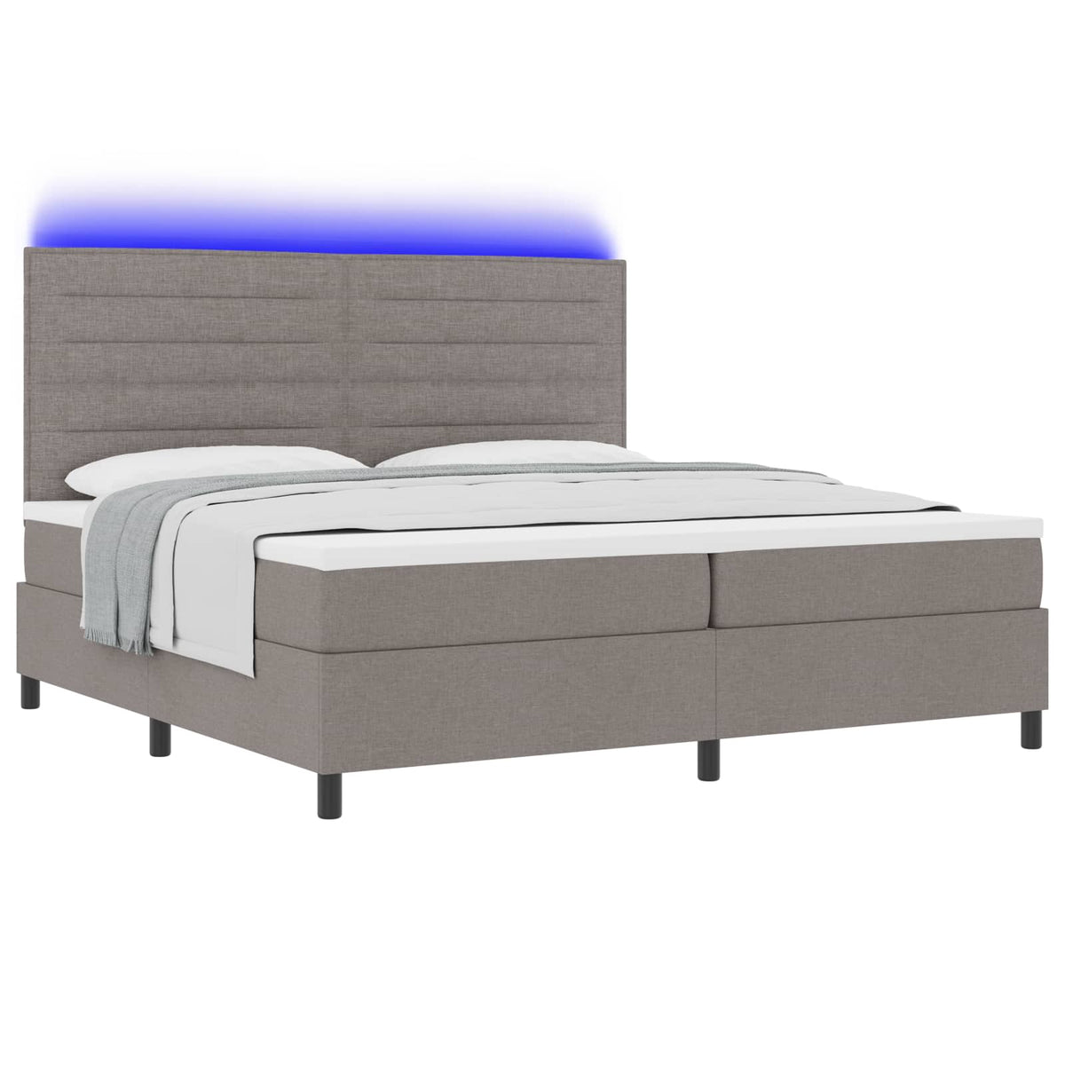 Box spring seng med LED-lysstrimler Gråbrun 200 x 200 cm Stof