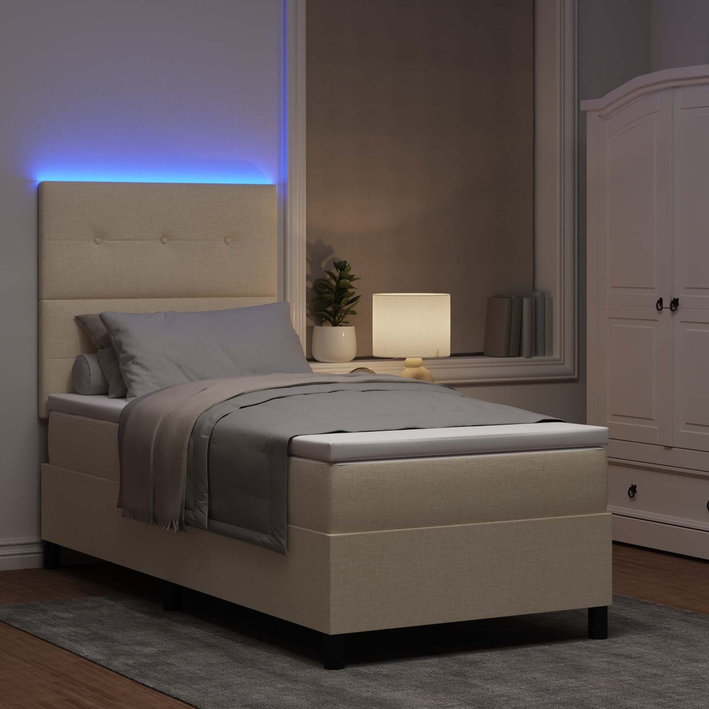 Box spring seng med LED-lysstrimler Creme 90 x 190 cm Stof