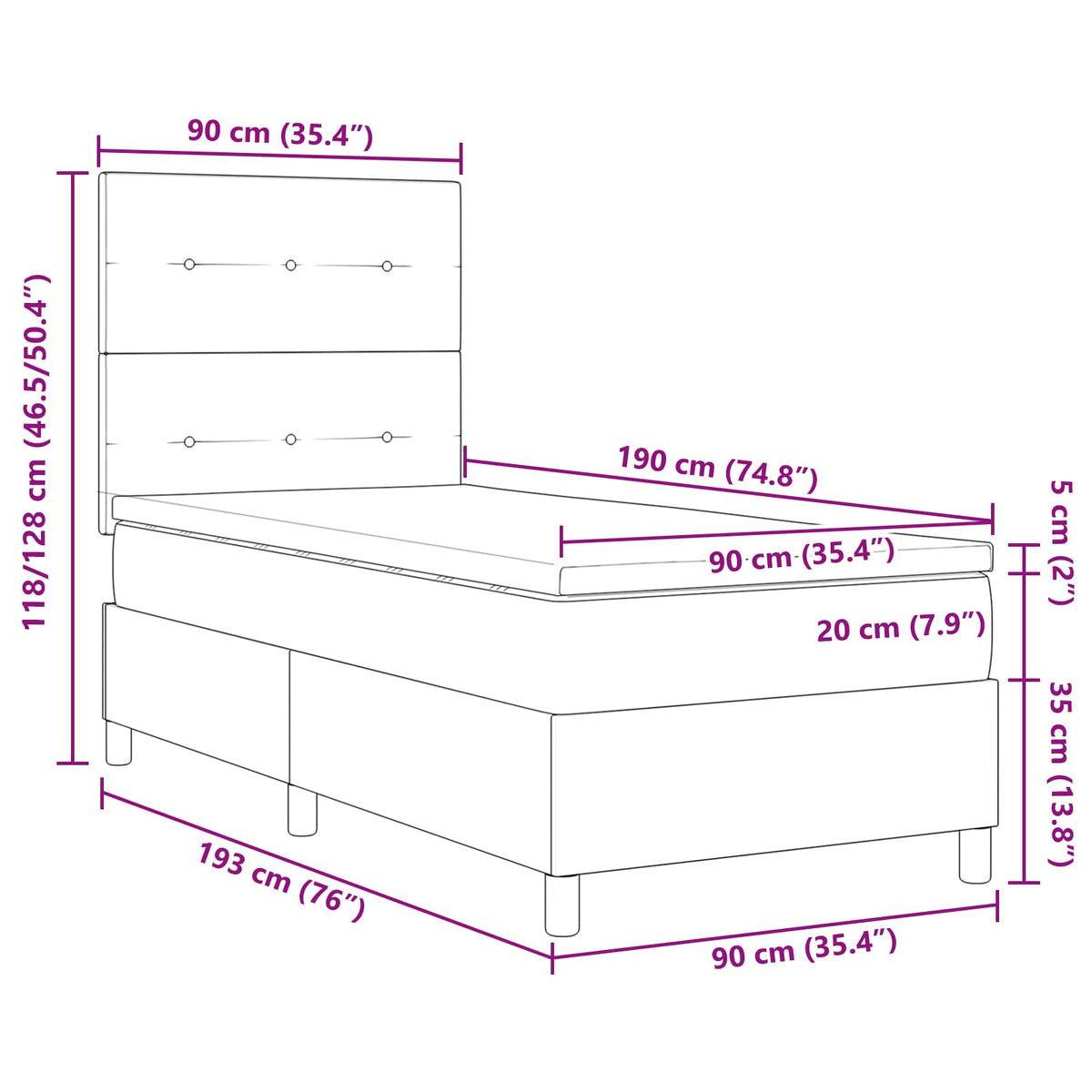 Box spring seng med LED-lysstrimler Blå 90 x 190 cm Stof