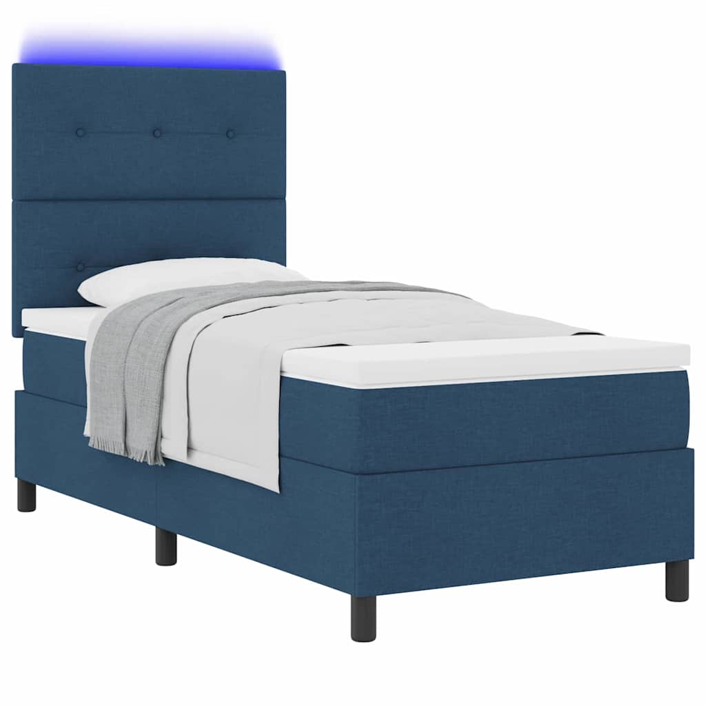 Box spring seng med LED-lysstrimler Blå 90 x 200 cm Stof