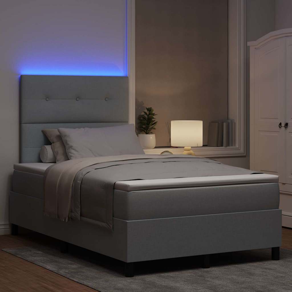 Box spring seng med LED-lysstrimler Lysegrå 120 x 200 cm Stof