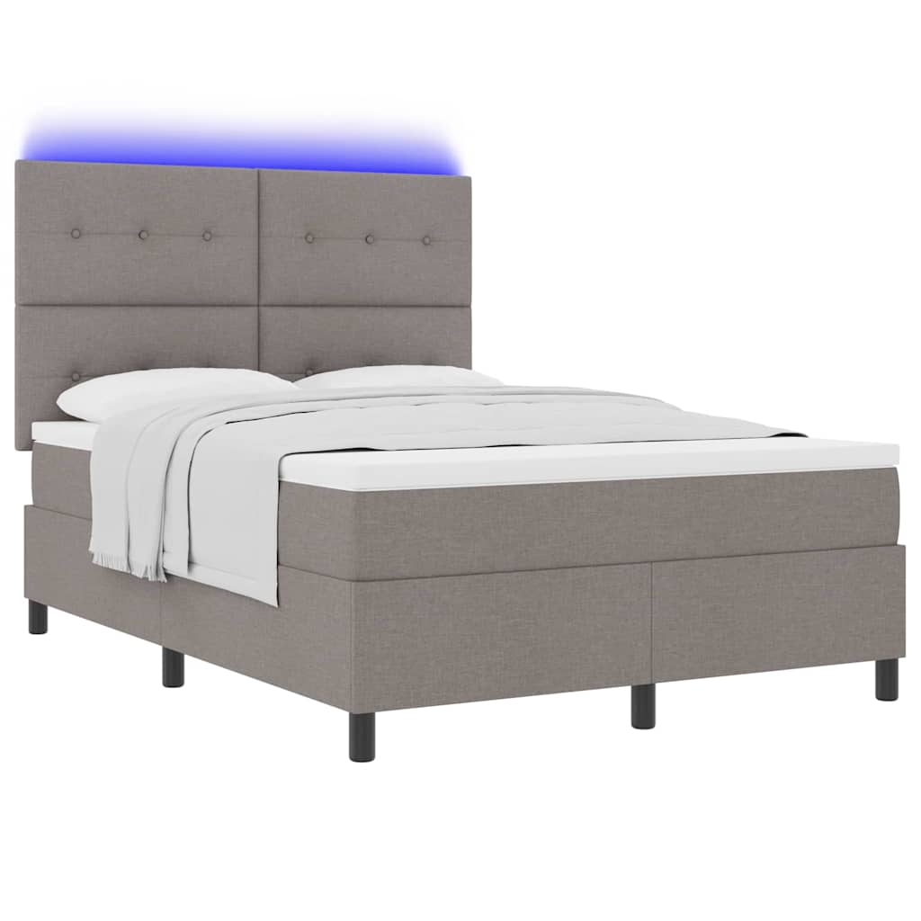 Box spring seng med LED-lysstrimler Gråbrun 140 x 200 cm Stof