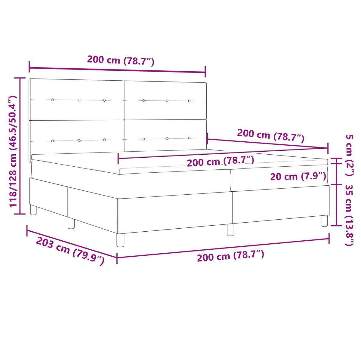 Box spring seng med LED-lysstrimler Mørkebrun 200 x 200 cm Stof