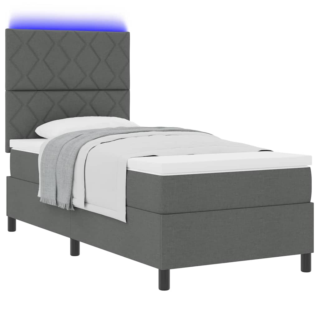 Box spring seng med LED-lysstrimler Mørkegrå 90 x 190 cm Stof