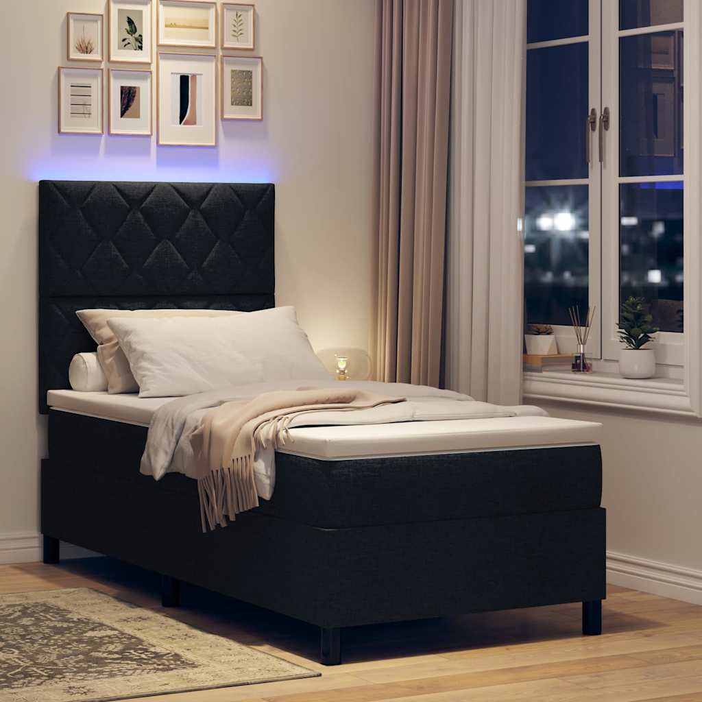 Box spring seng med LED-lysstrimler Sort 90 x 200 cm Stof