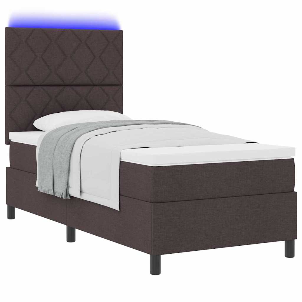 Box spring seng med LED-lysstrimler Mørkebrun 90 x 200 cm Stof