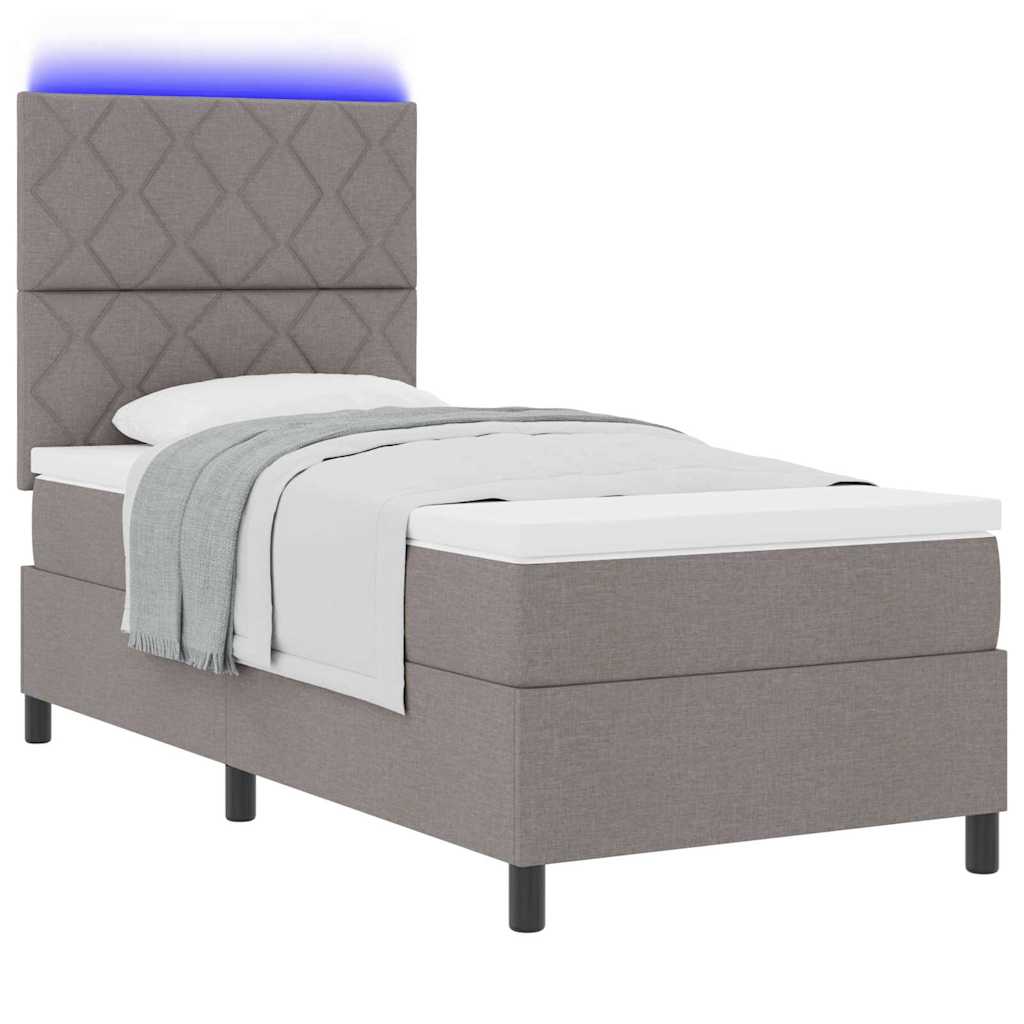 Box spring seng med LED-lysstrimler Gråbrun 90 x 200 cm Stof