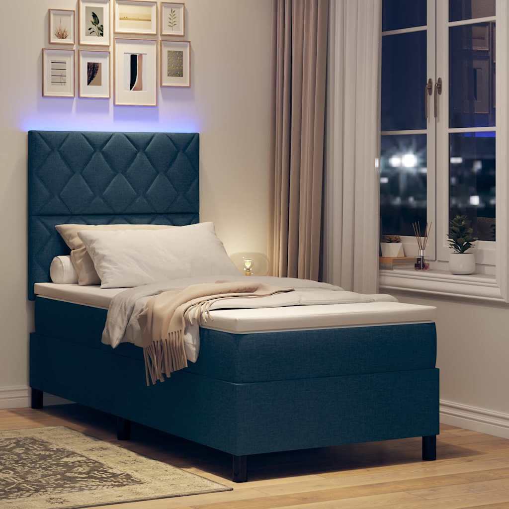 Box spring seng med LED-lysstrimler Blå 90 x 200 cm Stof