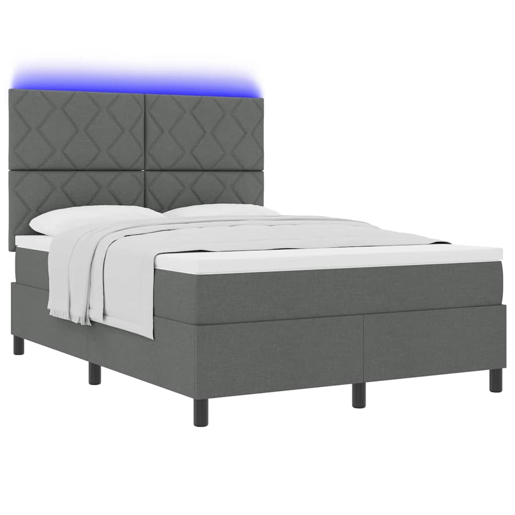 Box spring seng med LED-lysstrimler Mørkegrå 140 x 190 cm Stof