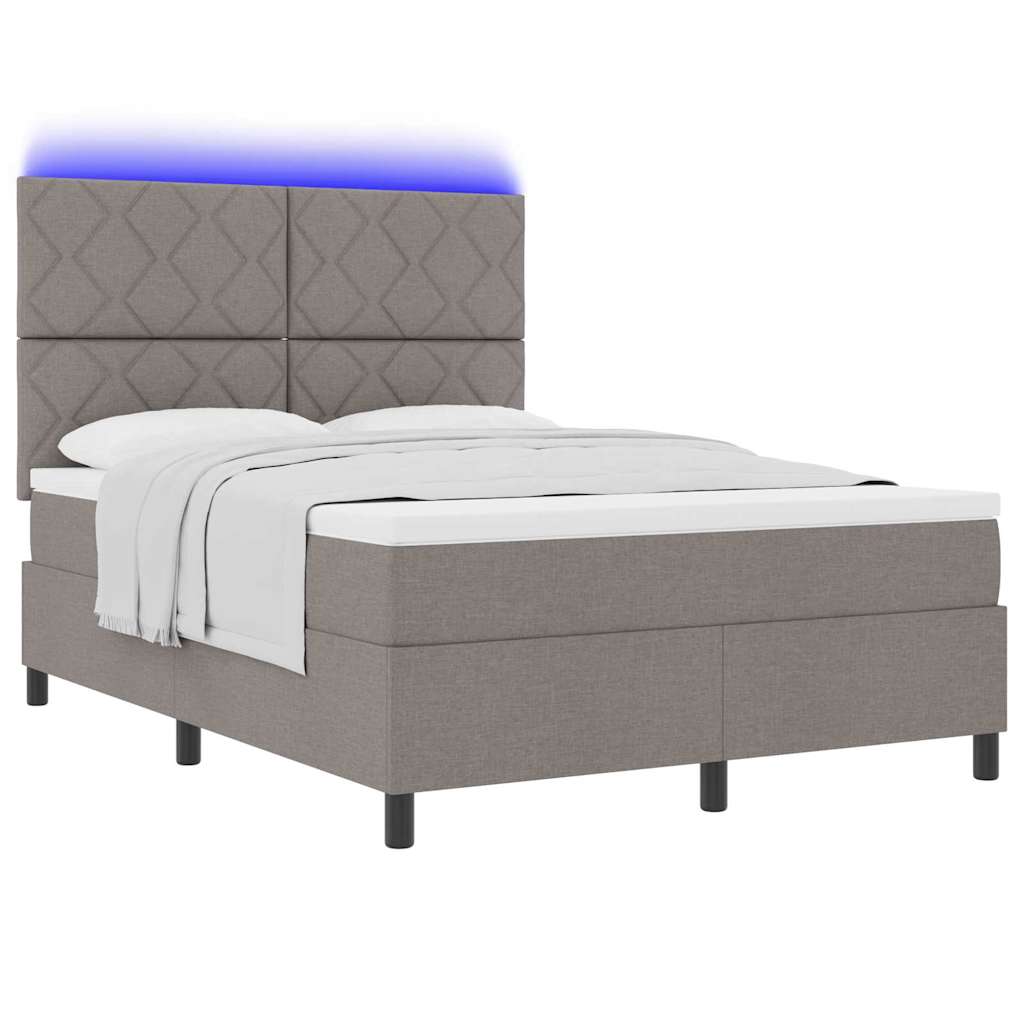 Box spring seng med LED-lysstrimler Gråbrun 140 x 200 cm Stof
