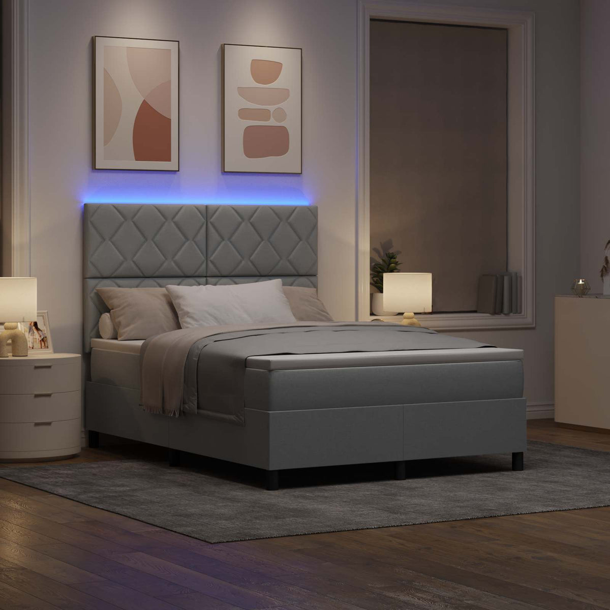 Box spring seng med madras med LED Lysegrå 160 x 200 cm Stof