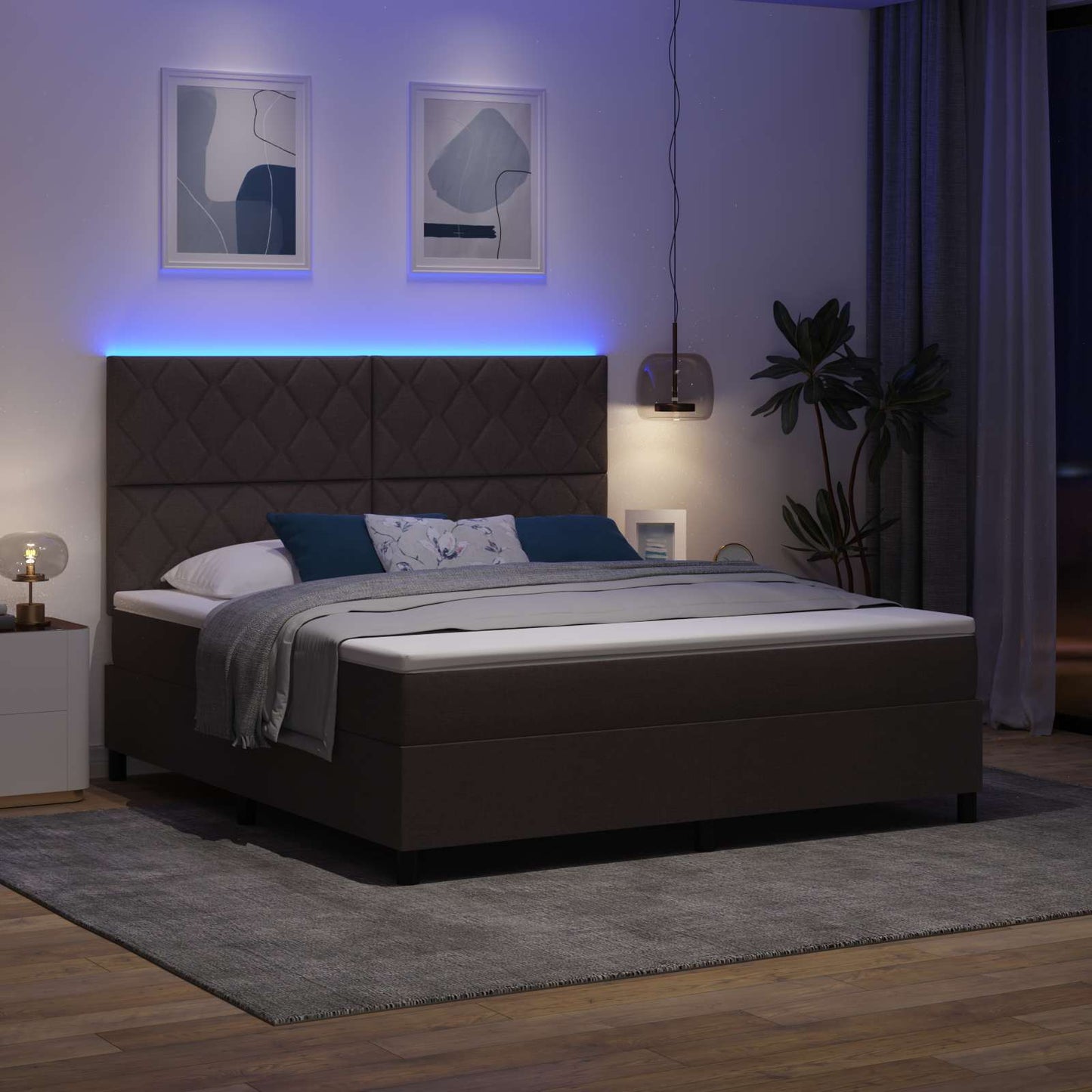 Box spring seng med LED-lysstrimler Mørkebrun 180 x 200 cm Stof