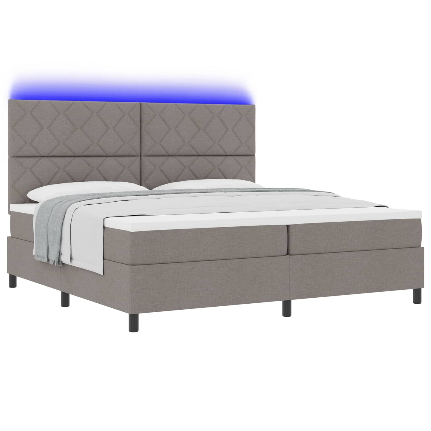 Box spring seng med LED-lysstrimler Gråbrun 200 x 200 cm Stof