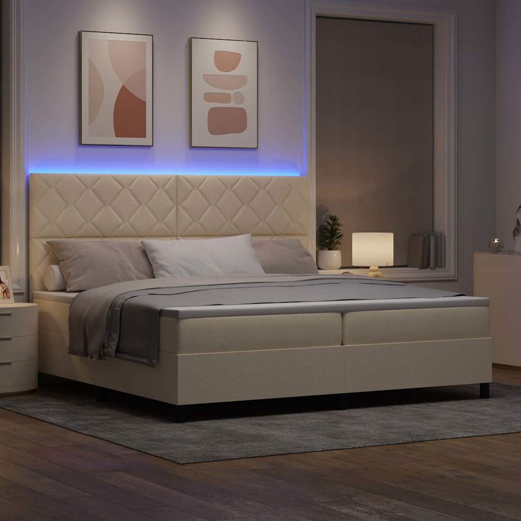 Box spring seng med LED-lysstrimler Creme 200 x 200 cm Stof