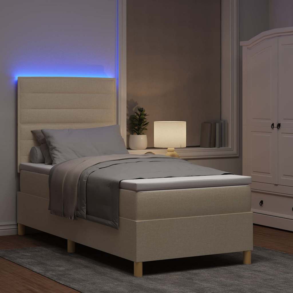 LED Box Spring Bed med hovedgærde Creme 80 x 200 cm Stof