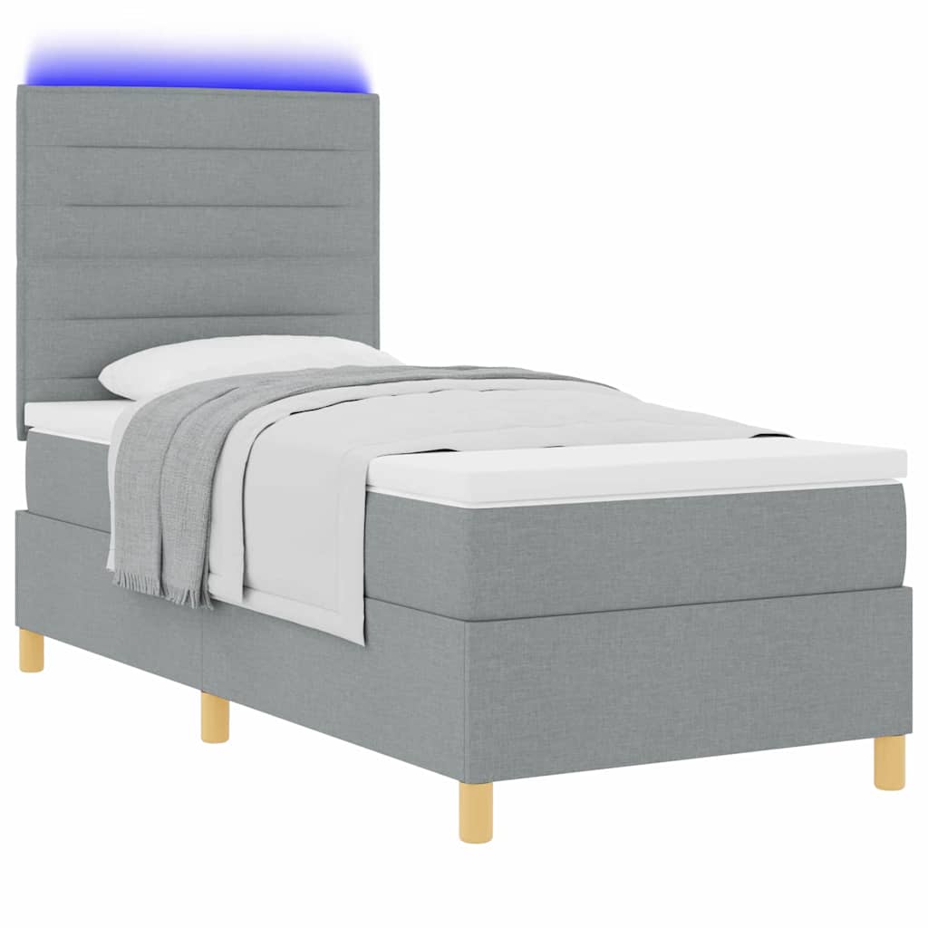 LED Box Spring Bed med hovedgærde Lysegrå 90 x 190 cm Stof