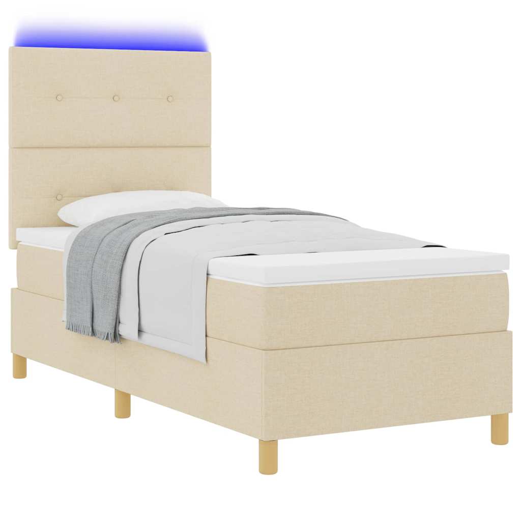 LED Box Spring Bed med hovedgærde Creme 100 x 200 cm Stof