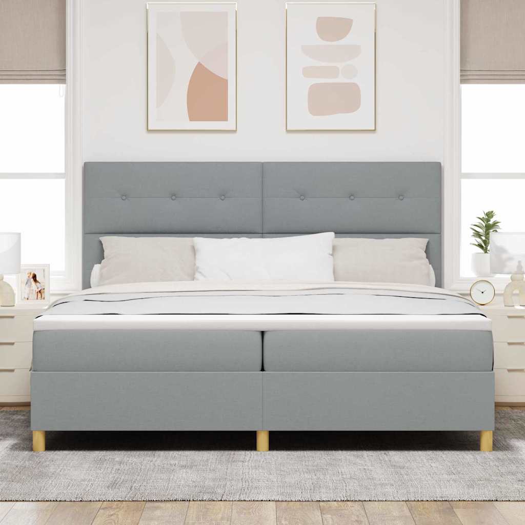 LED Box Spring Bed med hovedgærde Lysegrå 200 x 200 cm Stof