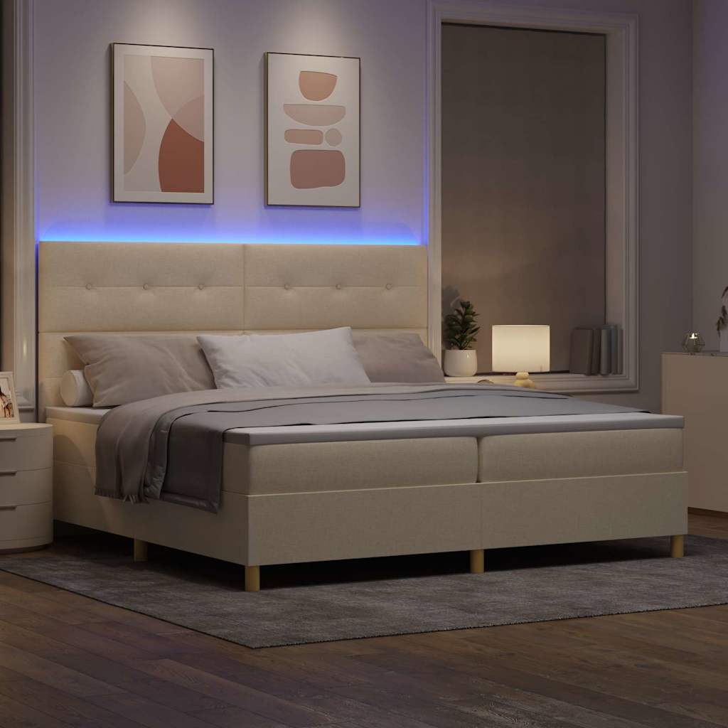 LED Box Spring Bed med hovedgærde Creme 200 x 200 cm Stof
