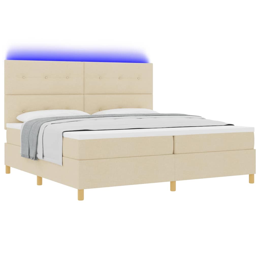 LED Box Spring Bed med hovedgærde Creme 200 x 200 cm Stof