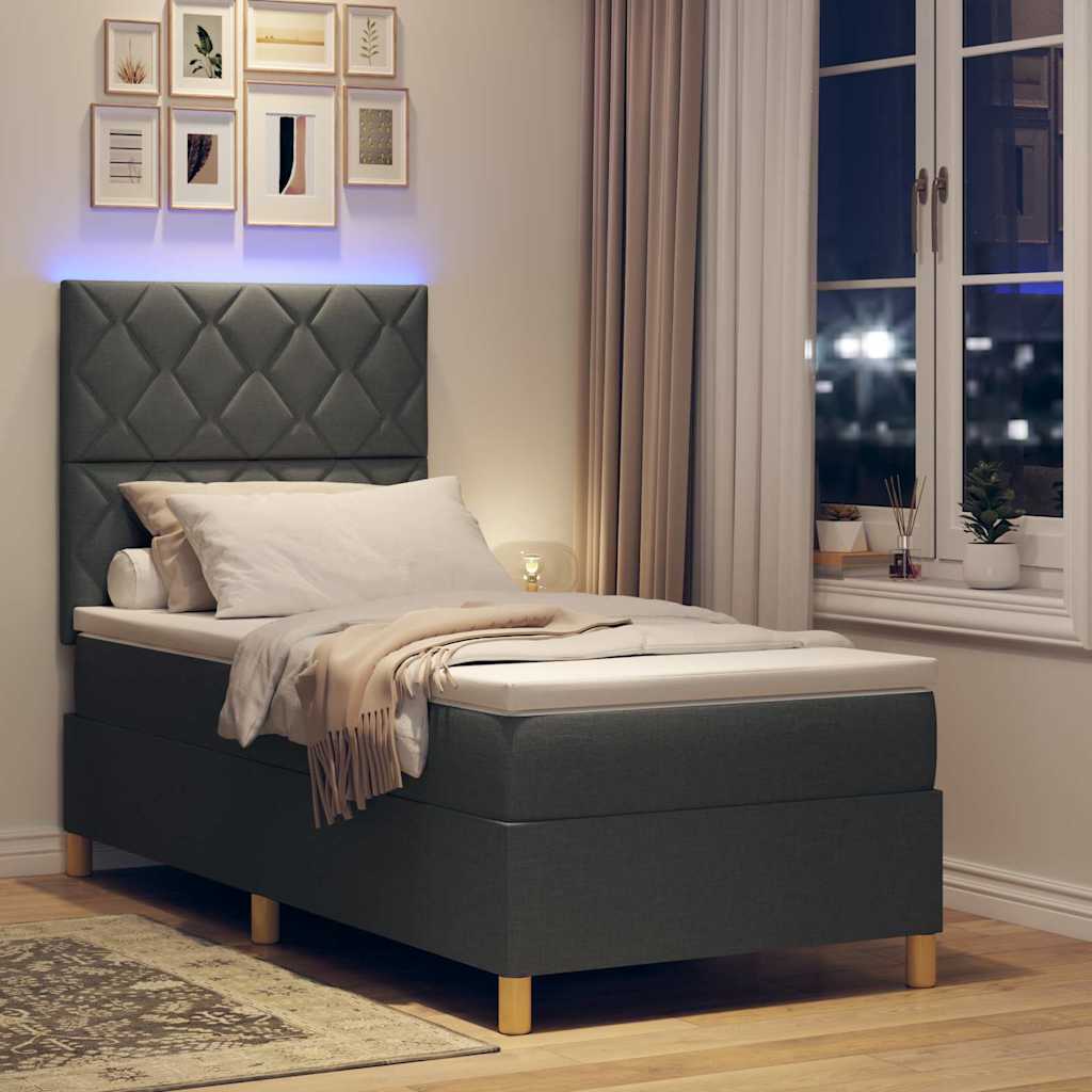 LED Box Spring Bed med hovedgærde Mørkegrå 90 x 200 cm Stof