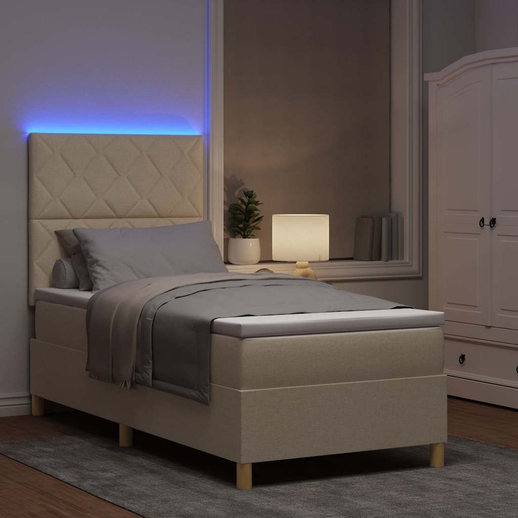 LED Box Spring Bed med hovedgærde Creme 90 x 200 cm Stof