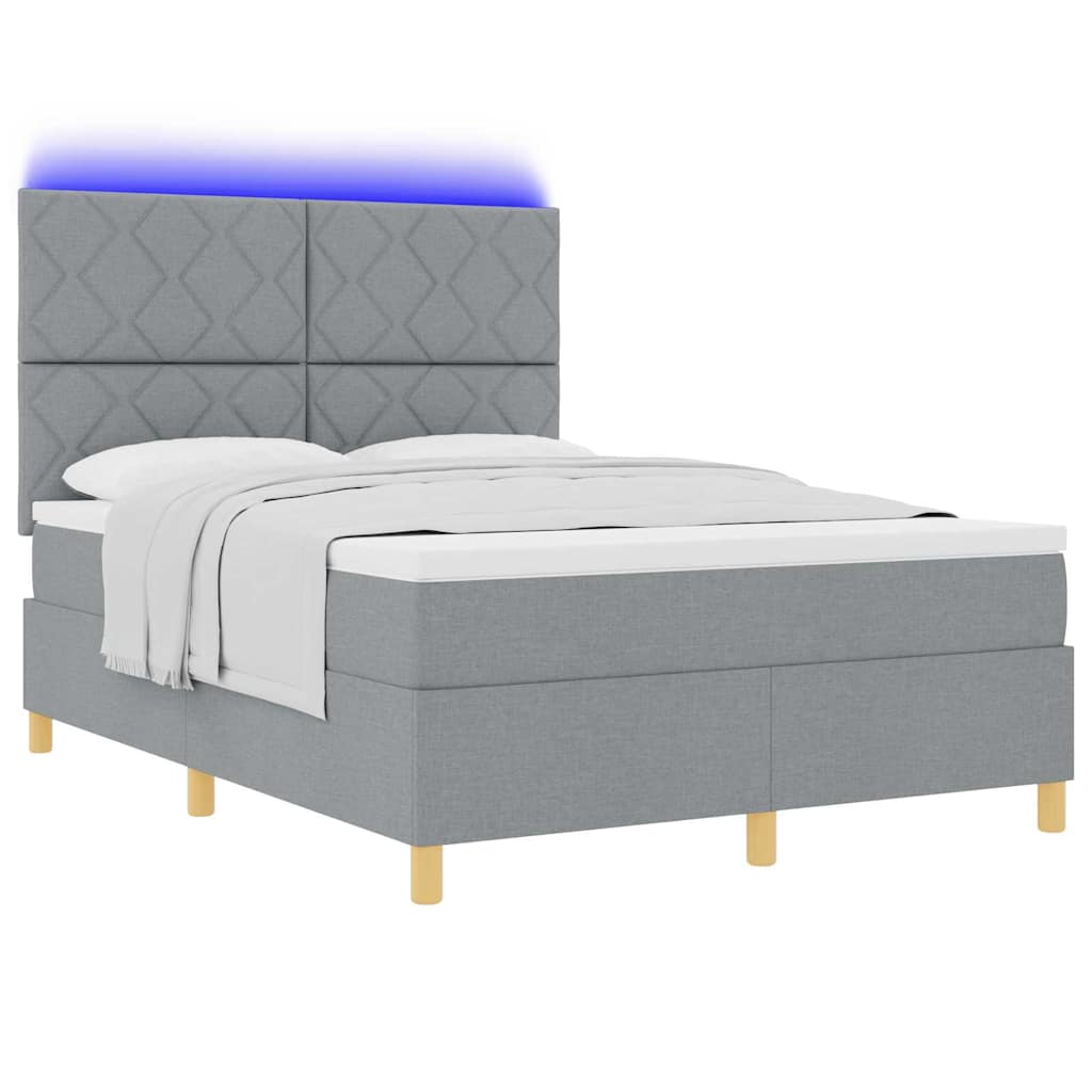 LED Box Spring Bed med hovedgærde Lysegrå 140 x 190 cm Stof