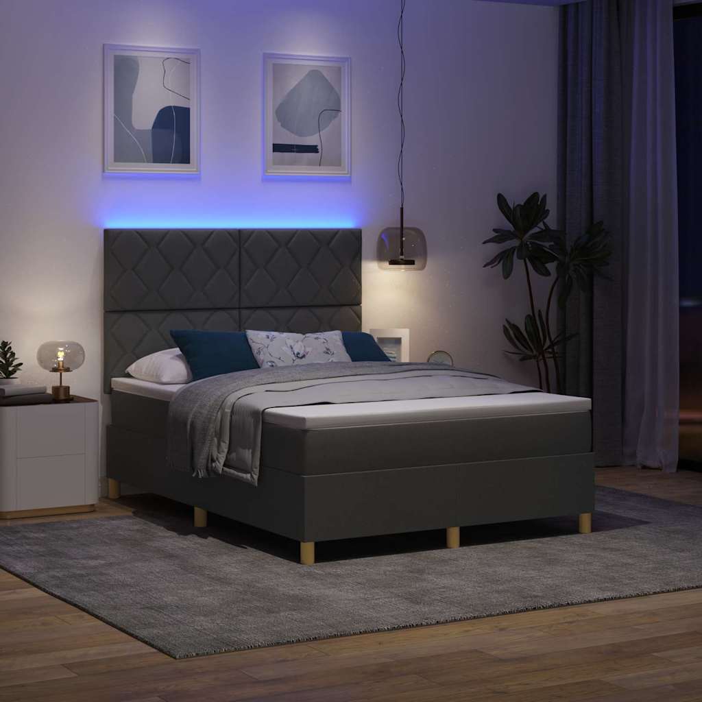 LED Box Spring Bed med hovedgærde Mørkegrå 140 x 190 cm Stof