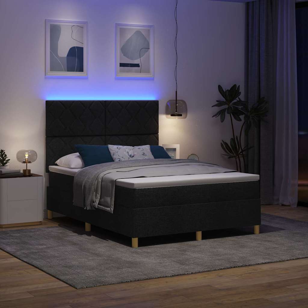 LED Box Spring Bed med hovedgærde Sort 140 x 190 cm Stof