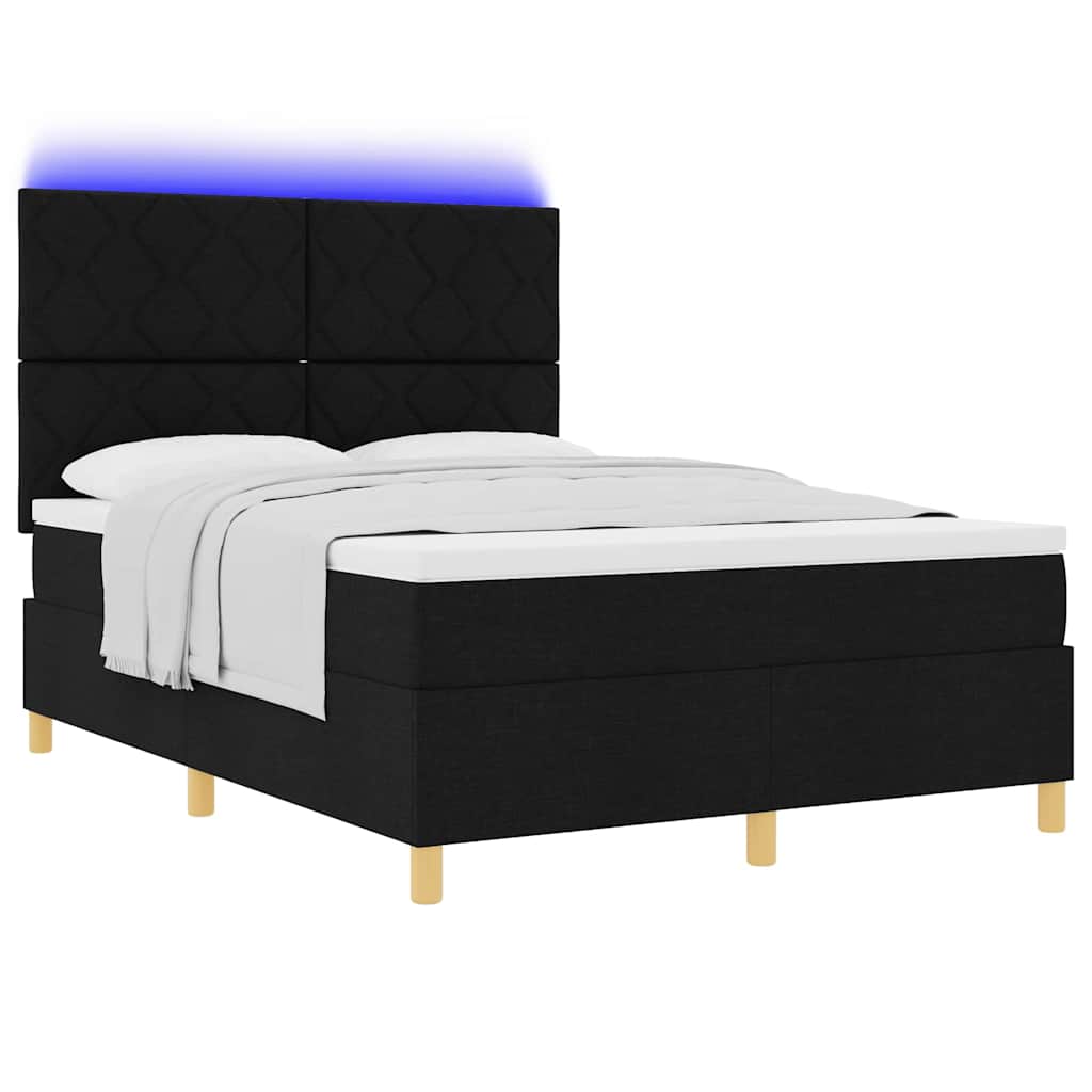 LED Box Spring Bed med hovedgærde Sort 140 x 190 cm Stof