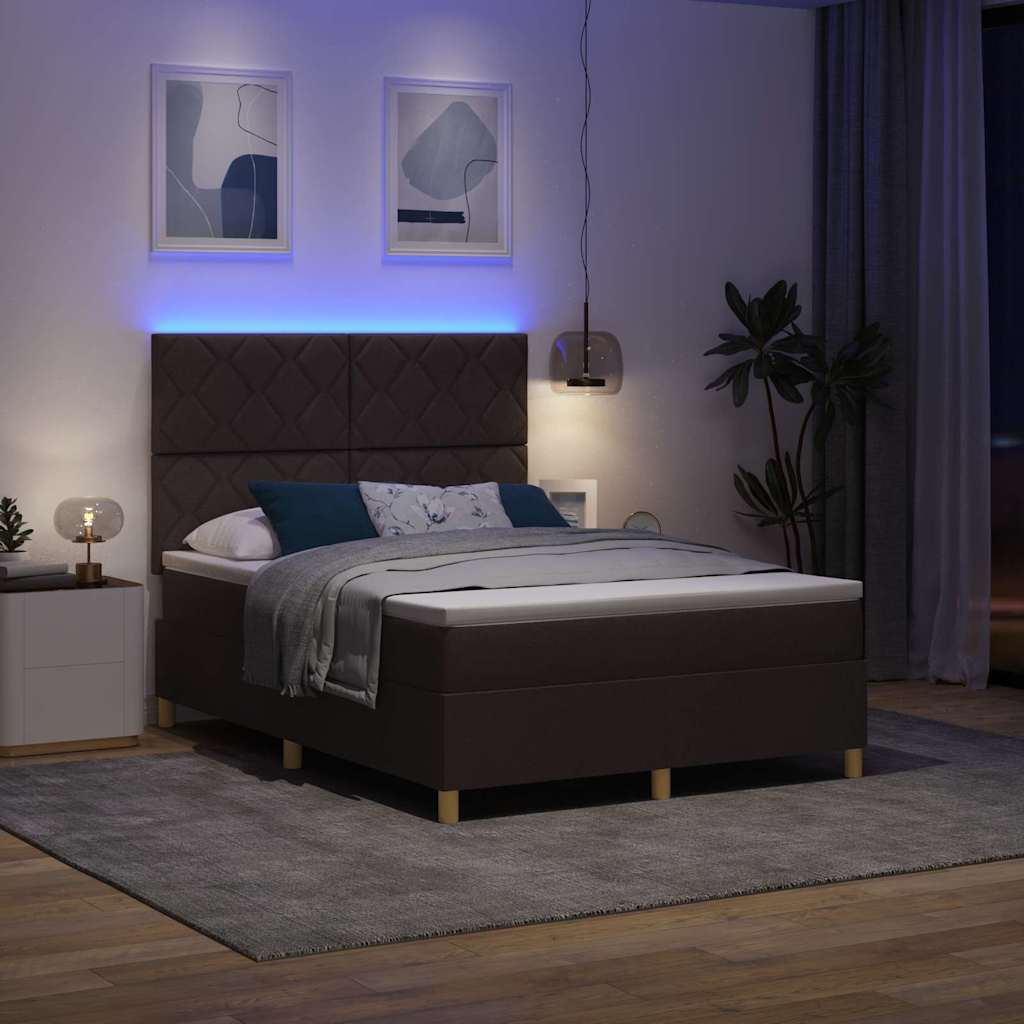 LED Box Spring Bed med hovedgærde Mørk Brun 140 x 200 cm Stof