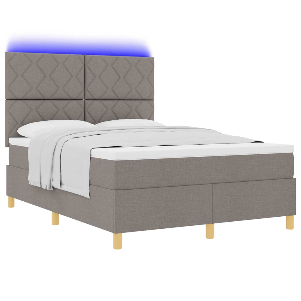 LED Box Spring Bed med hovedgærde Gråbrun 140 x 200 cm Stof