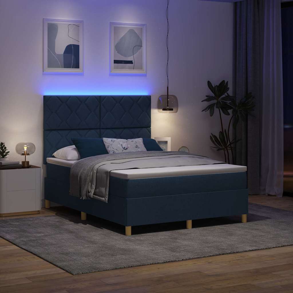 LED Box Spring Bed med hovedgærde Blå 160 x 200 cm Stof