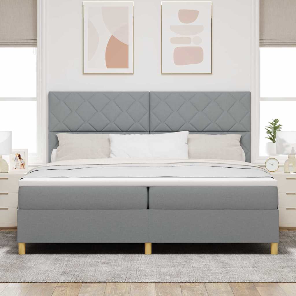 LED Box Spring Bed med hovedgærde Lysegrå 200 x 200 cm Stof