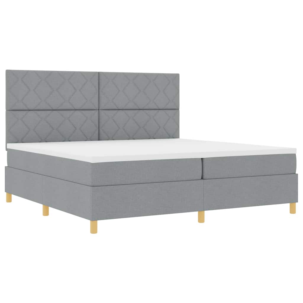 LED Box Spring Bed med hovedgærde Lysegrå 200 x 200 cm Stof