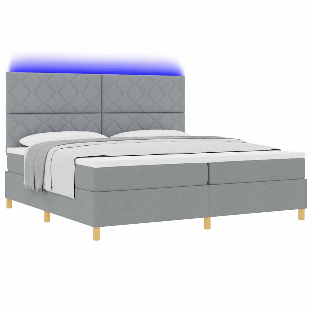 LED Box Spring Bed med hovedgærde Lysegrå 200 x 200 cm Stof