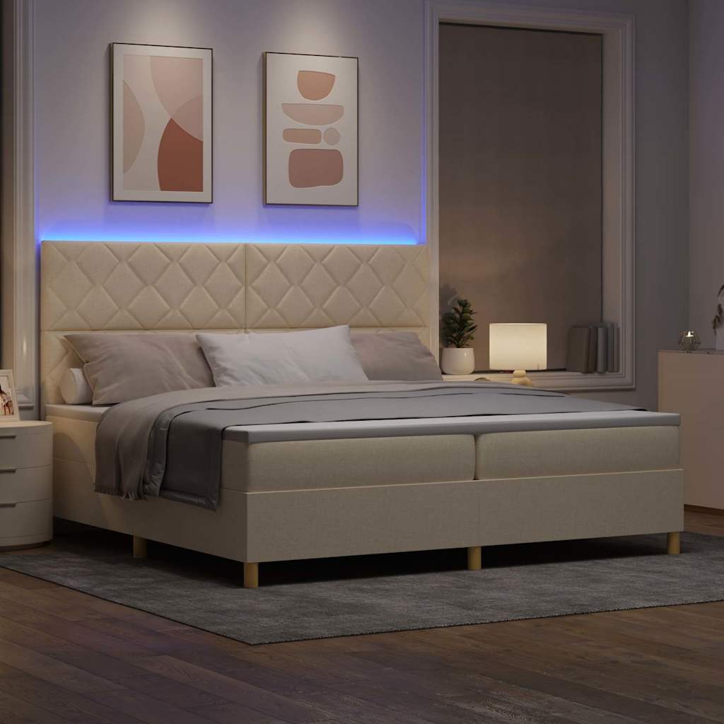 LED Box Spring Bed med hovedgærde Creme 200 x 200 cm Stof
