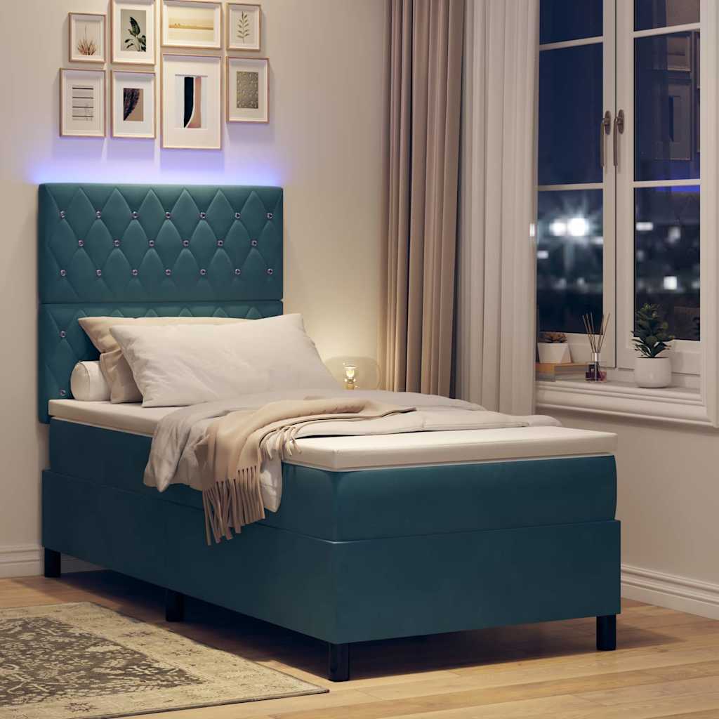 LED Box Spring Bed med madras Mørk blå 90 x 190 cm Fløjl