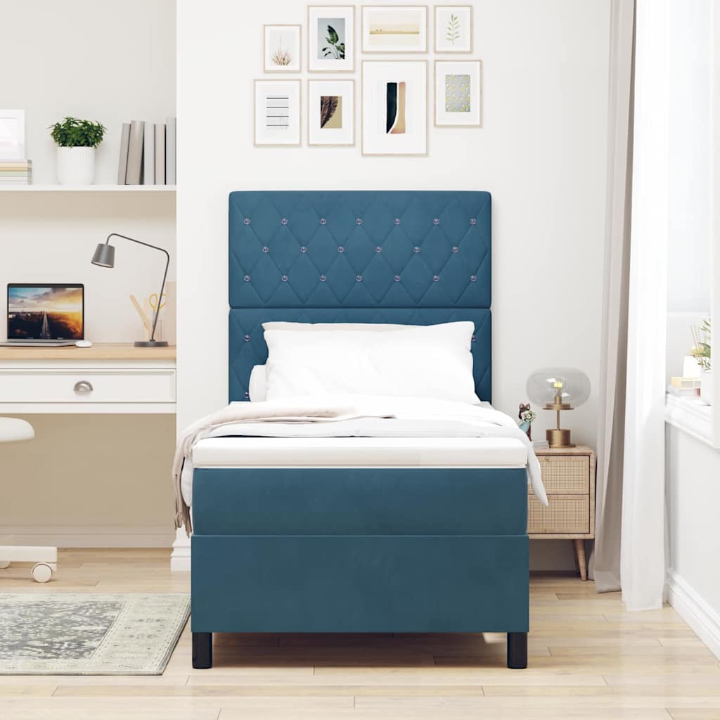 LED Box Spring Bed med madras Mørk blå 90 x 190 cm Fløjl