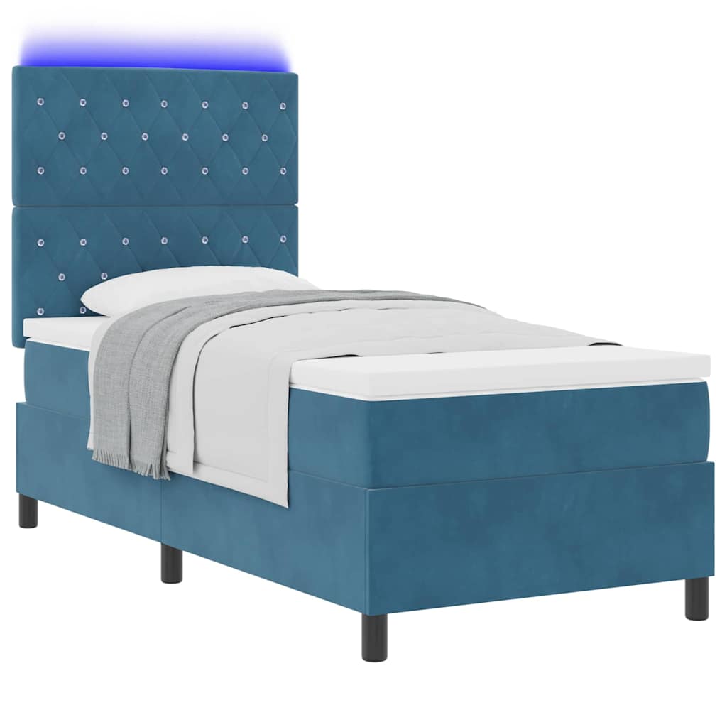 LED Box Spring Bed med madras Mørk blå 90 x 190 cm Fløjl