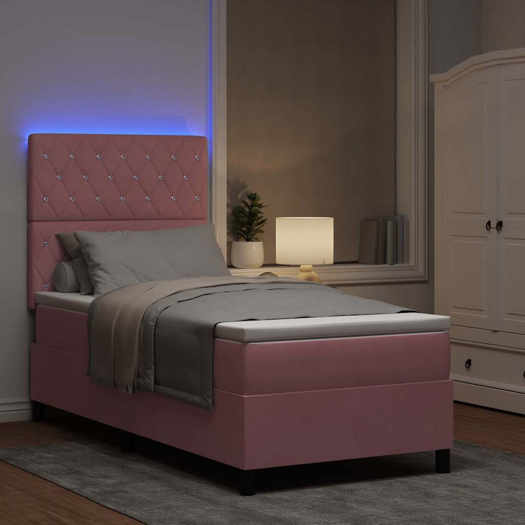 LED Box Spring Bed med madras Lyserød 90 x 200 cm Fløjl