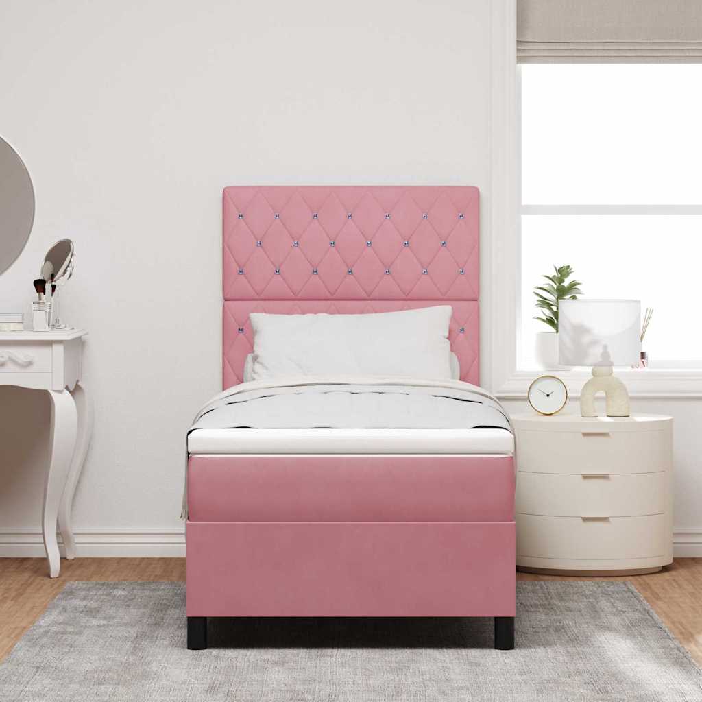 LED Box Spring Bed med madras Lyserød 90 x 200 cm Fløjl