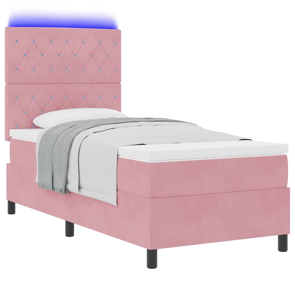 LED Box Spring Bed med madras Lyserød 90 x 200 cm Fløjl
