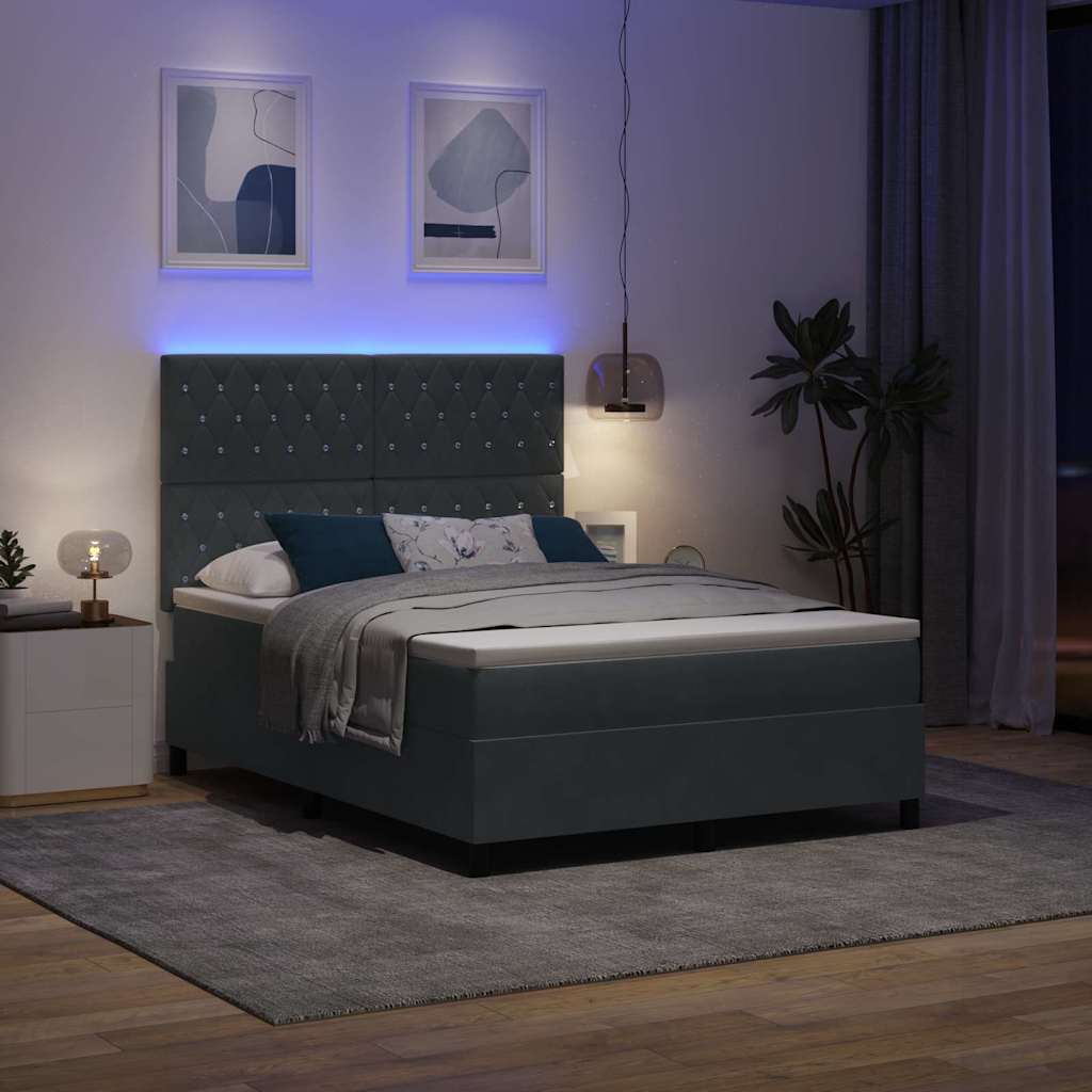 LED Box Spring Bed med madras Mørkegrå 140 x 190 cm Fløjl