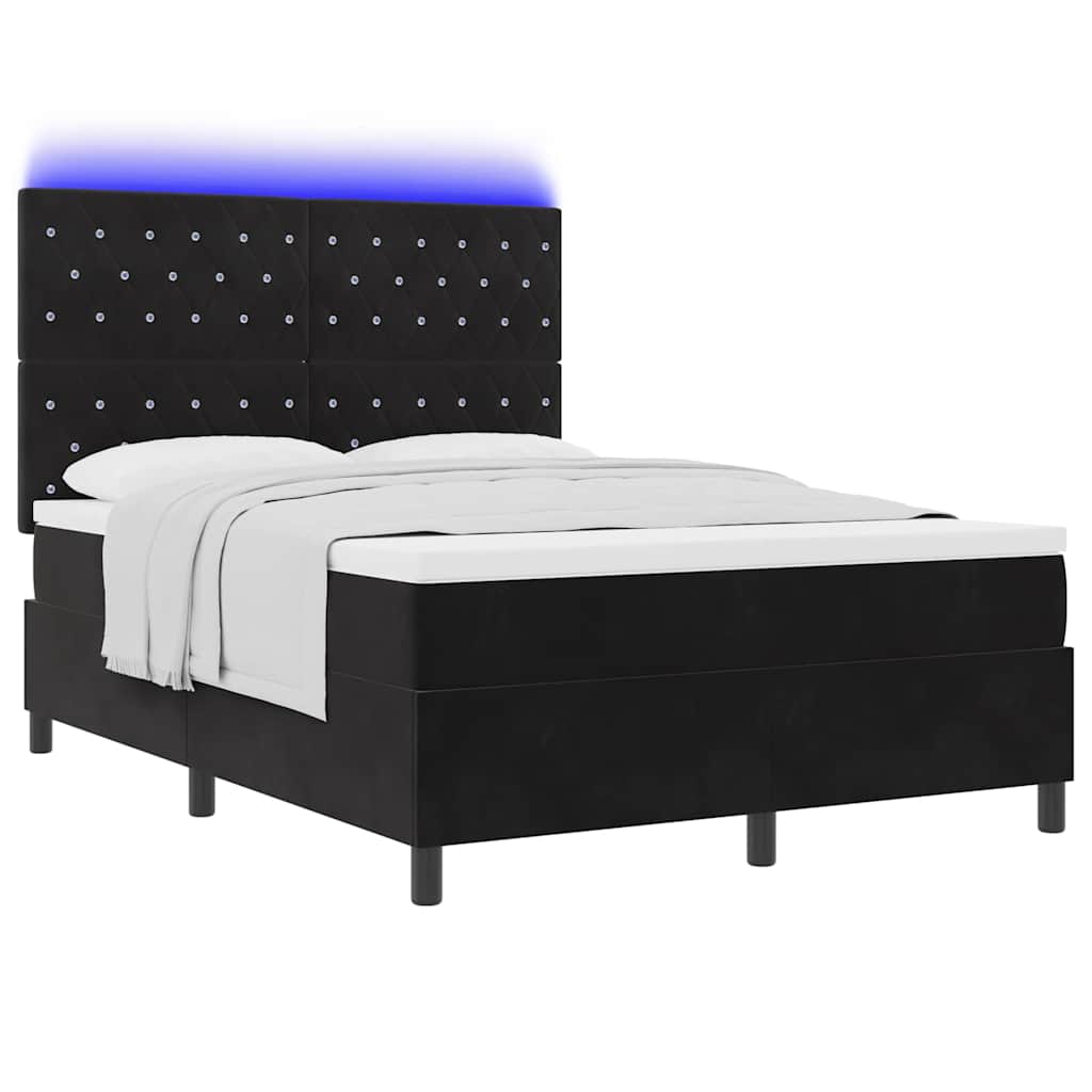 LED Box Spring Bed med madras Sort 140 x 190 cm Fløjl